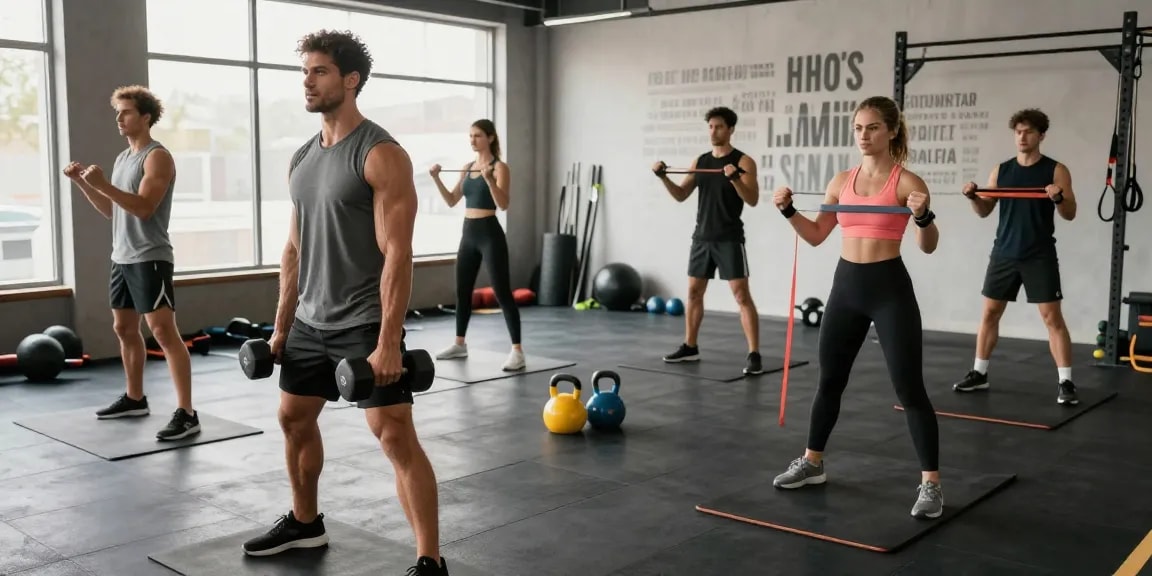 Gezonde mensen aan het trainen in de Unique Pharma Steroïden Winkel met fitnessapparatuur en motivatieslogans.