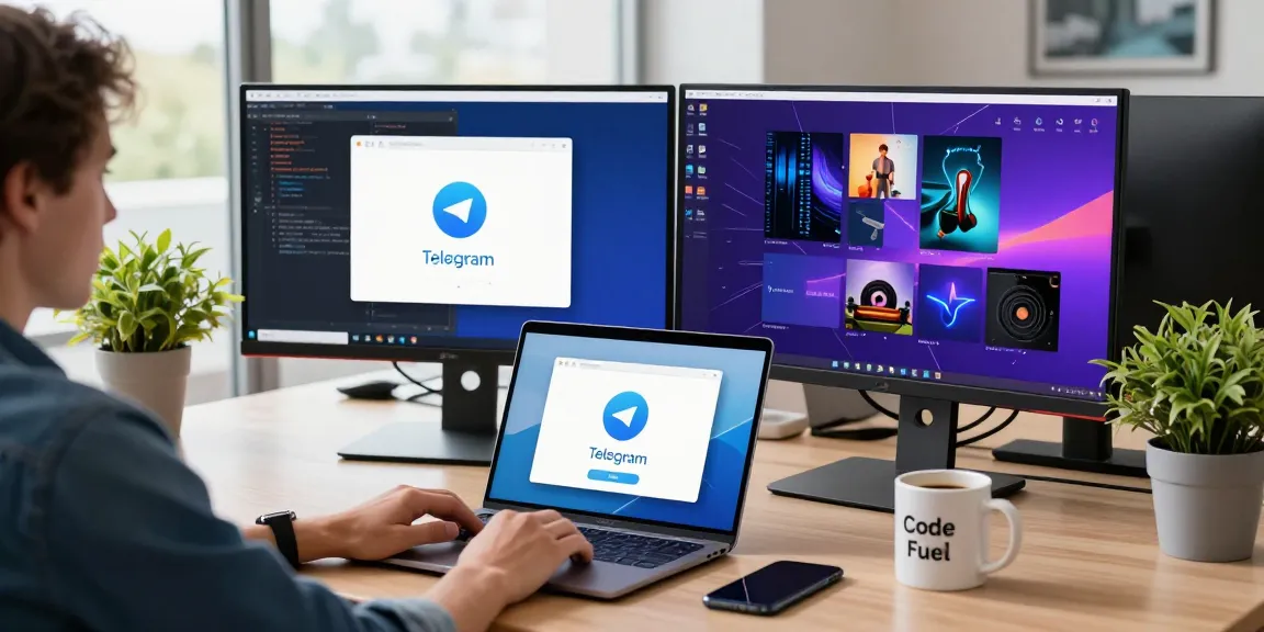 A user downloading Telegram on a laptop surrounded by coding screens, showcasing modern tech workspace.