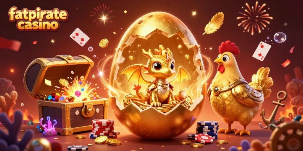Experience the excitement of fatpirate casino with a vibrant golden dragon and poker chips