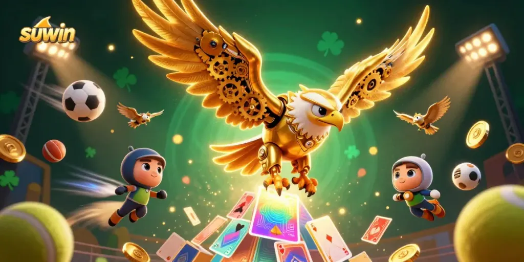 Suwin's dynamic gaming scene featuring a cybernetic eagle, vibrant sports elements, and rich casino atmosphere.