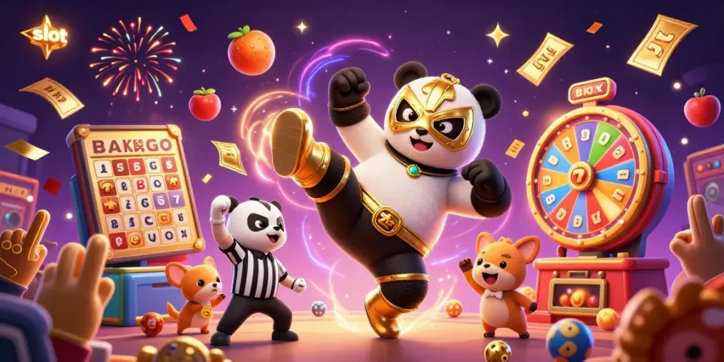Experience thrilling slot action with a wrestler panda performing against a vibrant casino backdrop.