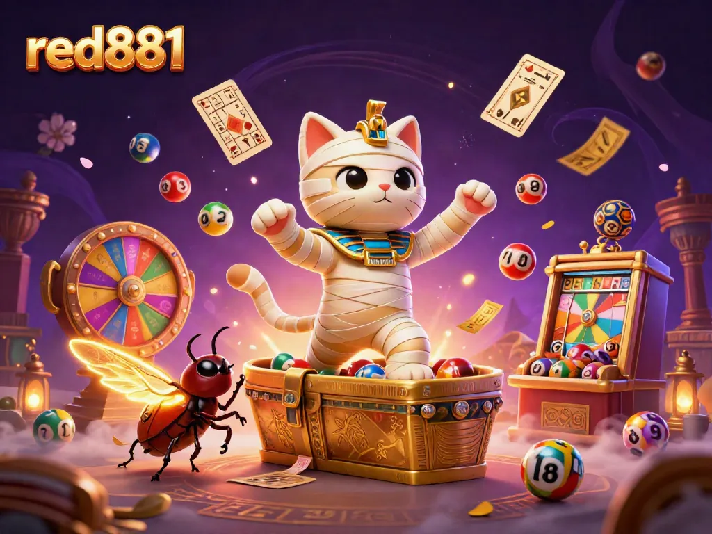 Experience the thrilling atmosphere of red881 casino with a vibrant scene featuring a dynamic mummy cat and a golden sarcophagus.