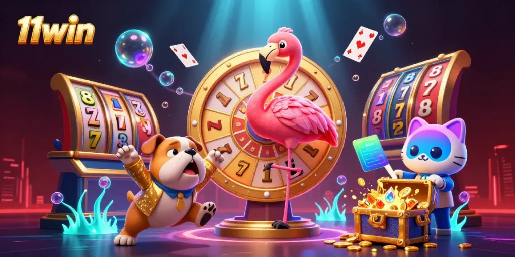 Spin and win with 11win's vibrant prize wheel in a dynamic casino scene.