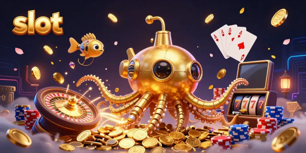 Engage with vibrant slot action featuring golden kraken and casino elements amidst sparkling coins.
