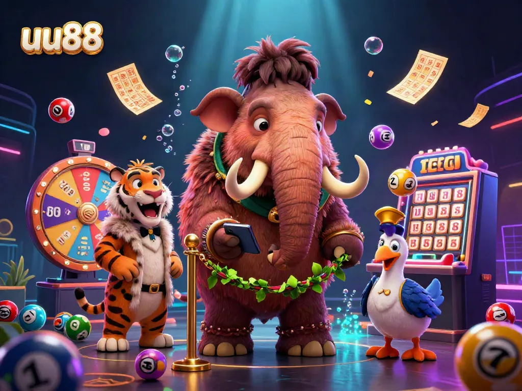 Interact with uu88's vibrant casino scene featuring a woolly mammoth bouncer amidst lottery elements.