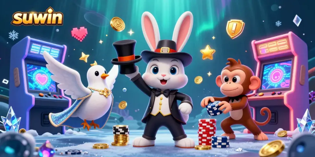 Suwin brings luck with a 3D cartoon magician rabbit pulling coins while gaming elements surround vibrant characters