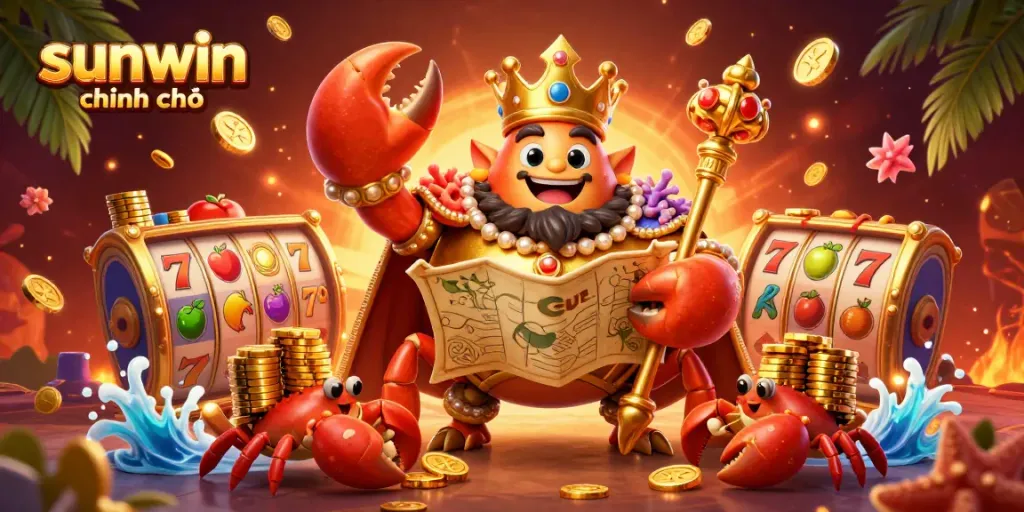 Join the fun at sunwin chính thức capturing vibrant casino moments with the golden crab emperor and treasure in a dazzling 3D scene.