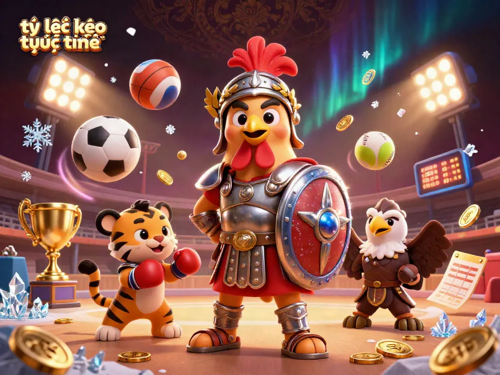 Tỷ lệ kèo trực tuyến illustrated with a vibrant scene featuring cartoon gladiator rooster and sports elements, enhancing engagement for bettors.