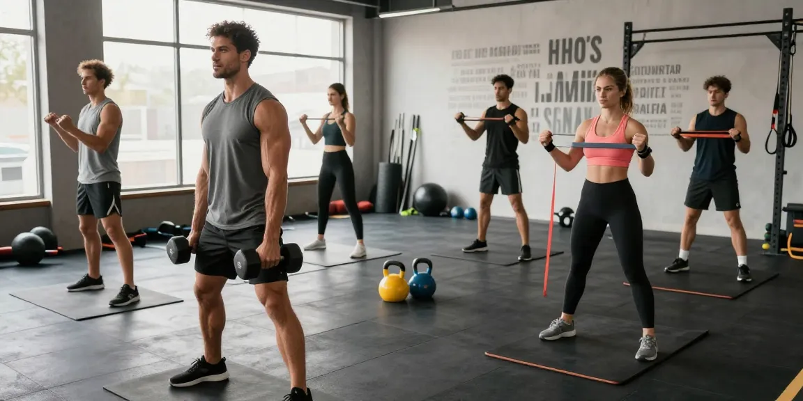 Gezonde mensen aan het trainen in de Unique Pharma Steroïden Winkel met fitnessapparatuur en motivatieslogans.