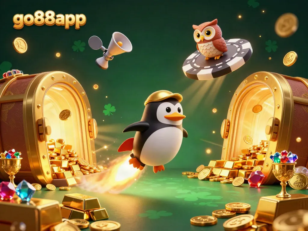 Experience the excitement of go88app with a golden penguin racing towards a vibrant casino space station, a symbol of winning.
