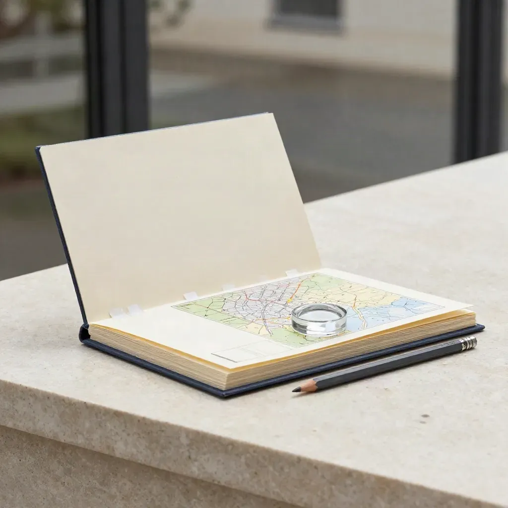 Crèmekleurige auditmap met kaarten, tabs en paperweight op kalksteen in zacht ochtendlicht.