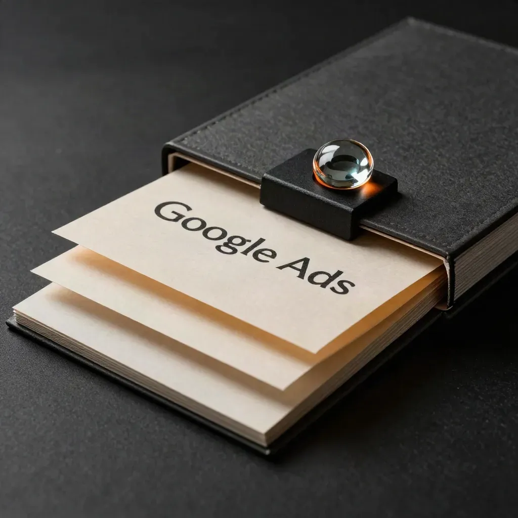 Grafietkleurige bundel proefkaarten met glazen paperweight op een zwart vlak, in dramatisch studiolicht.