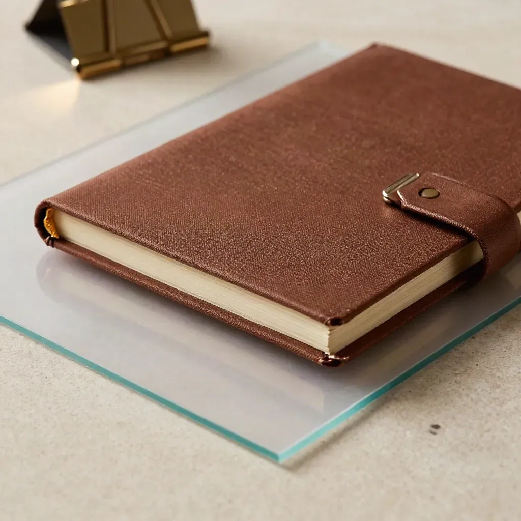 Transparante sheet, gesloten notitieboekje en twee metalen clips op steen met warm licht.