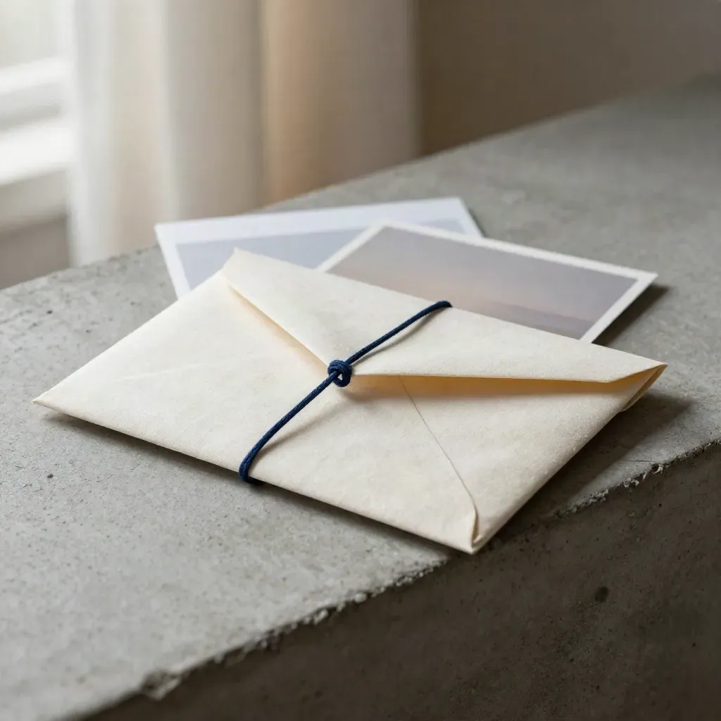 Non-profit startplan met ongebleekte envelop, touwlus en katoen op een lichte betonrand.