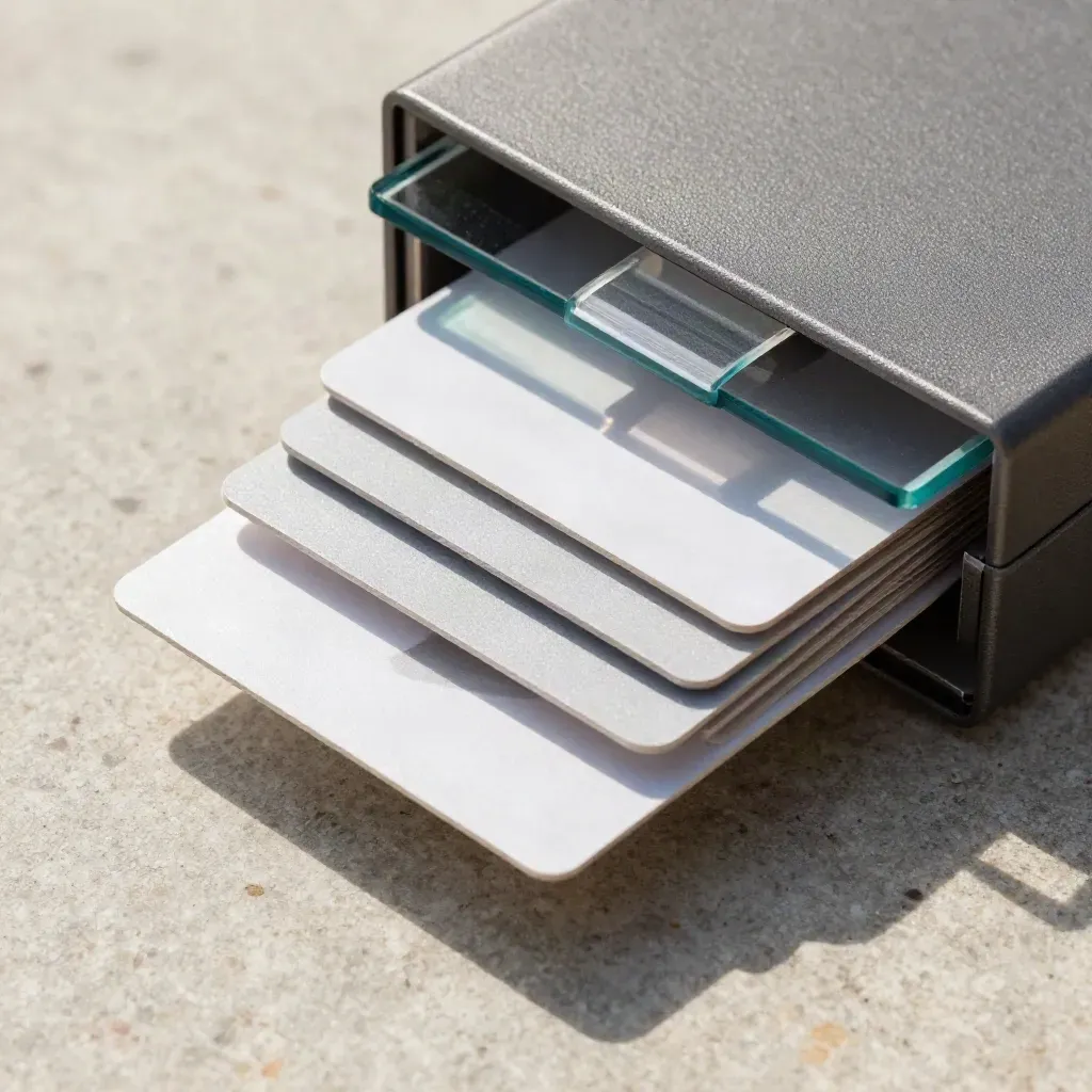 Startup-lanceringskit met deckbox, acryl tab en vier kaarten in diagonale schuifbeweging.