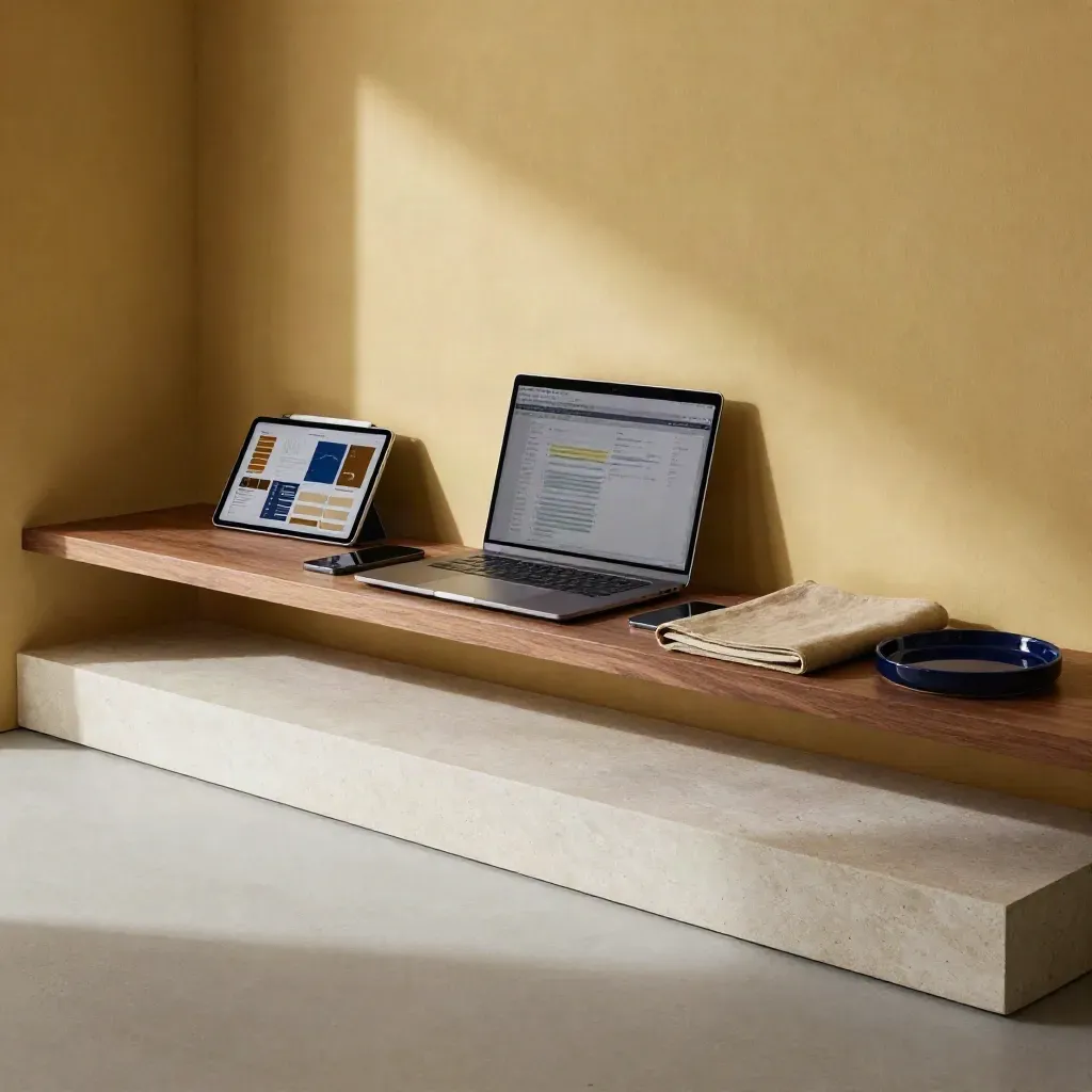 Warme interieurhoek met laptop, tablet en planmaterialen op walnoot en kalkpleister.