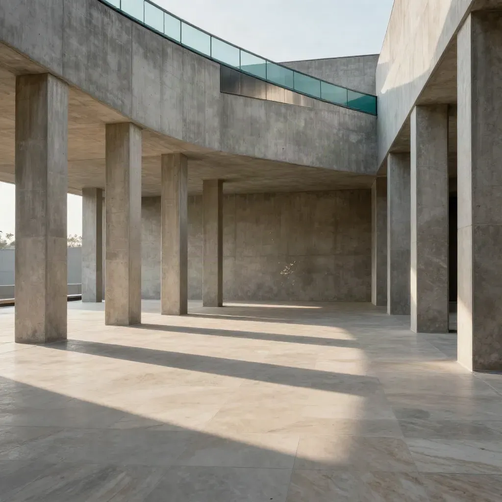 Betonnen arcade met lichte steen, lange schaduw en teal accent voor budget &amp; media.