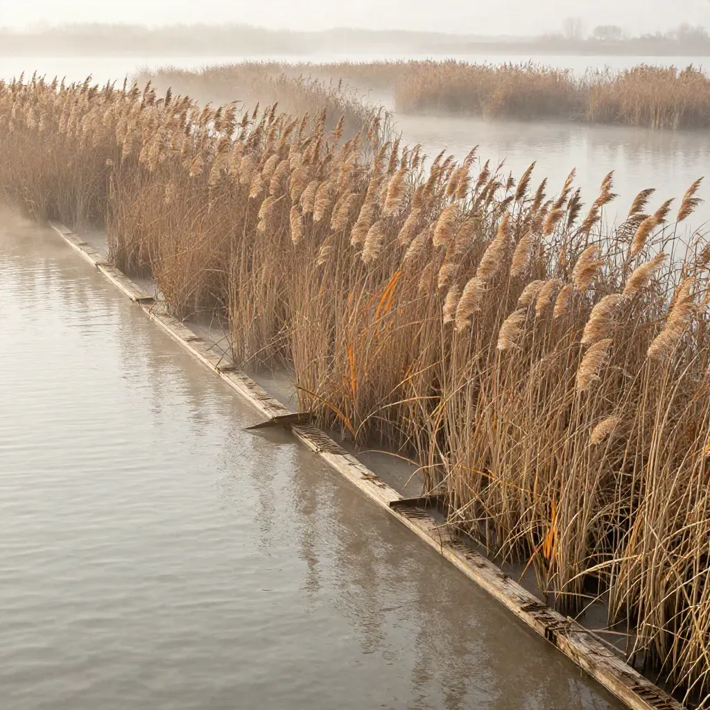 Stille rietoever met water, houten rand en mistige horizon in zacht ochtendlicht