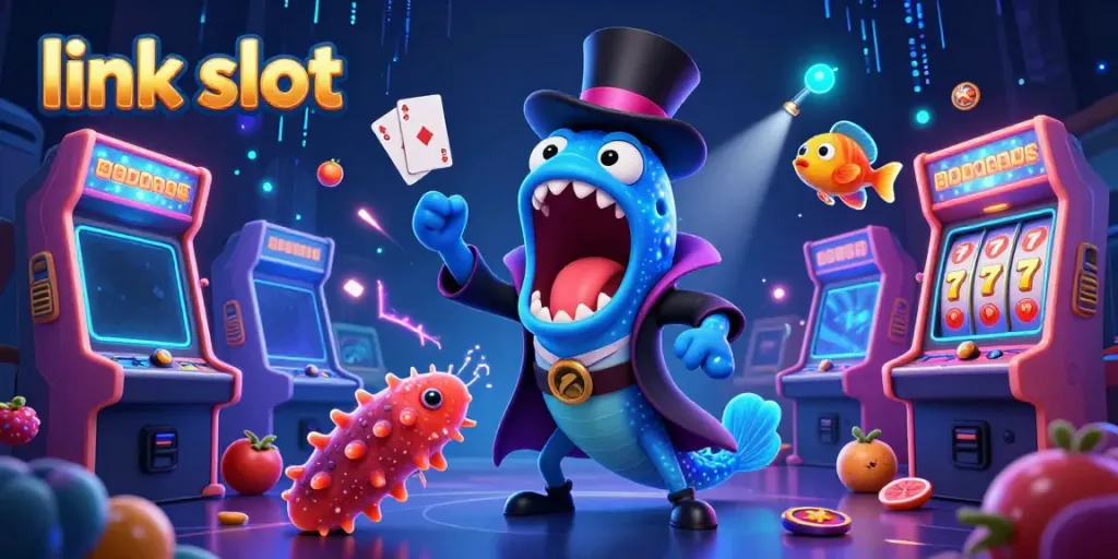 Experience thrilling link slot games as a deep-sea gulper eel performs magic tricks with vibrant casino elements.