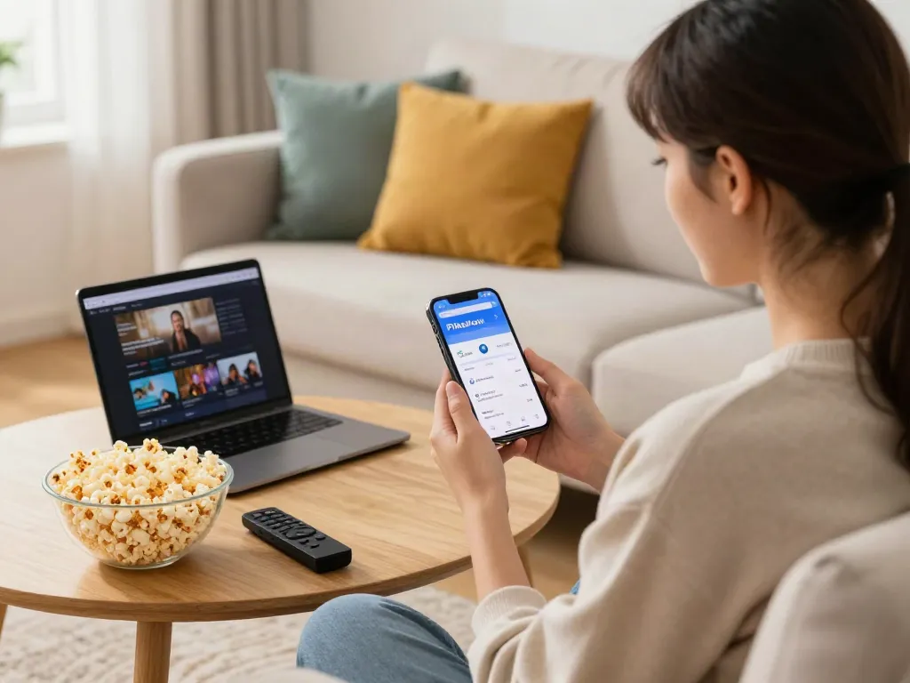 Stream movies for free with Pikashow download for iPhone on a cozy couch.