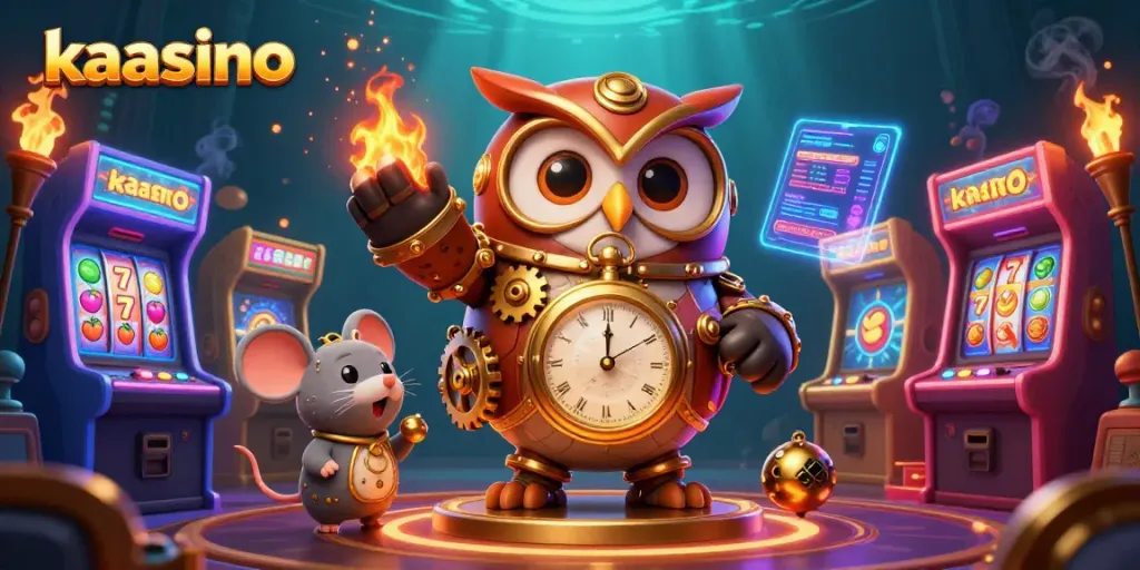 Kaasino players engaging in vibrant 3D gaming scene full of slots and steampunk elements.