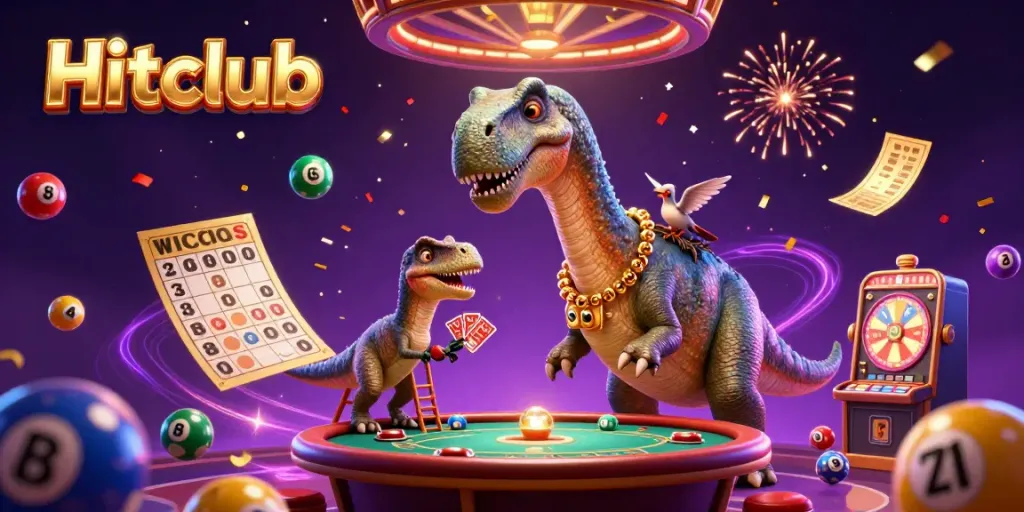 Hitclub players engage with vibrant lottery games in this dynamic 3D casino scene.