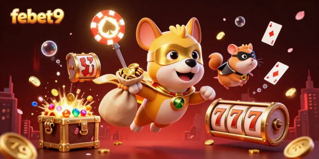 Experience the excitement at febet9 with a superhero dog and hamster amidst vibrant gambling elements.
