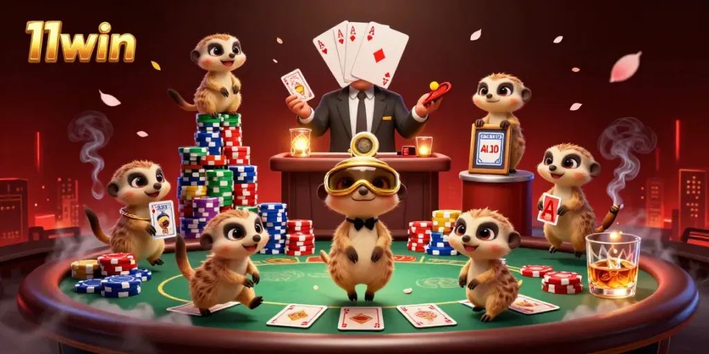 11win meerkats run an exciting casino with poker elements and vibrant colors.