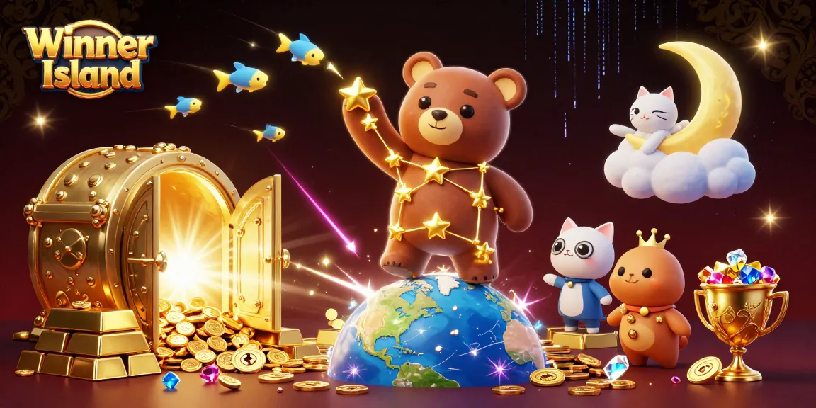 Experience the thrill at Winner Island as characters gather coins amid treasures and games.