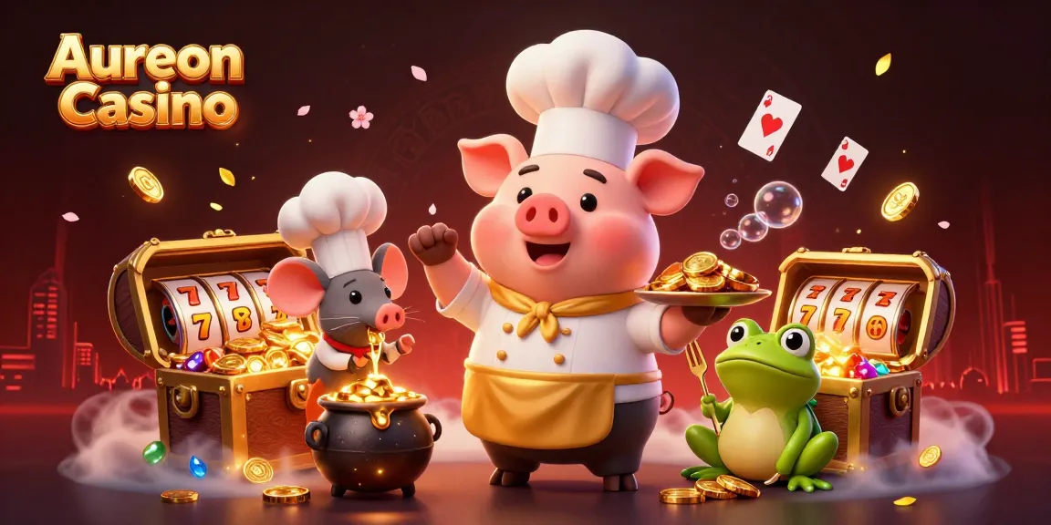 Aureon Casino showcases a vibrant scene with chefs and gold amid immersive gaming elements.