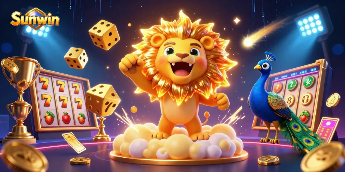 Experience thrilling gameplay with Sunwin's vibrant 3D slots, showcased by a roaring sun lion and dynamic casino elements.