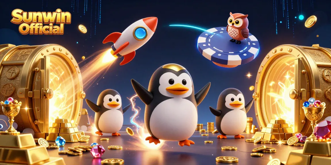 Experience the excitement of Sunwin Official with an imaginative 3D casino scene featuring vibrant characters and casino elements.