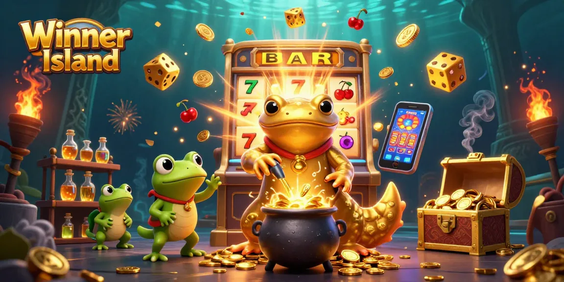 Winner Island casino scene where players enjoy a golden gaming experience with vibrant slot machines and illuminated treasures.