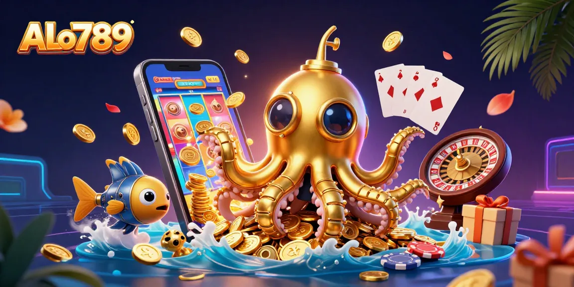Join the excitement at ALo789 with a vibrant scene showcasing a golden kraken submarine amidst spinning slot games and dynamic casino elements.
